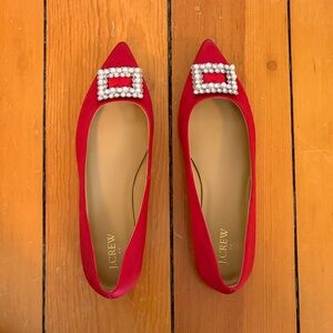 J. Crew Red Flats with Pearl Embellishment